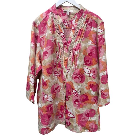 JM Collection 100% Linen Top Plus Size 20W Pink Floral 3/4 Sleeve Tunic Buttonup - Picture 1 of 8